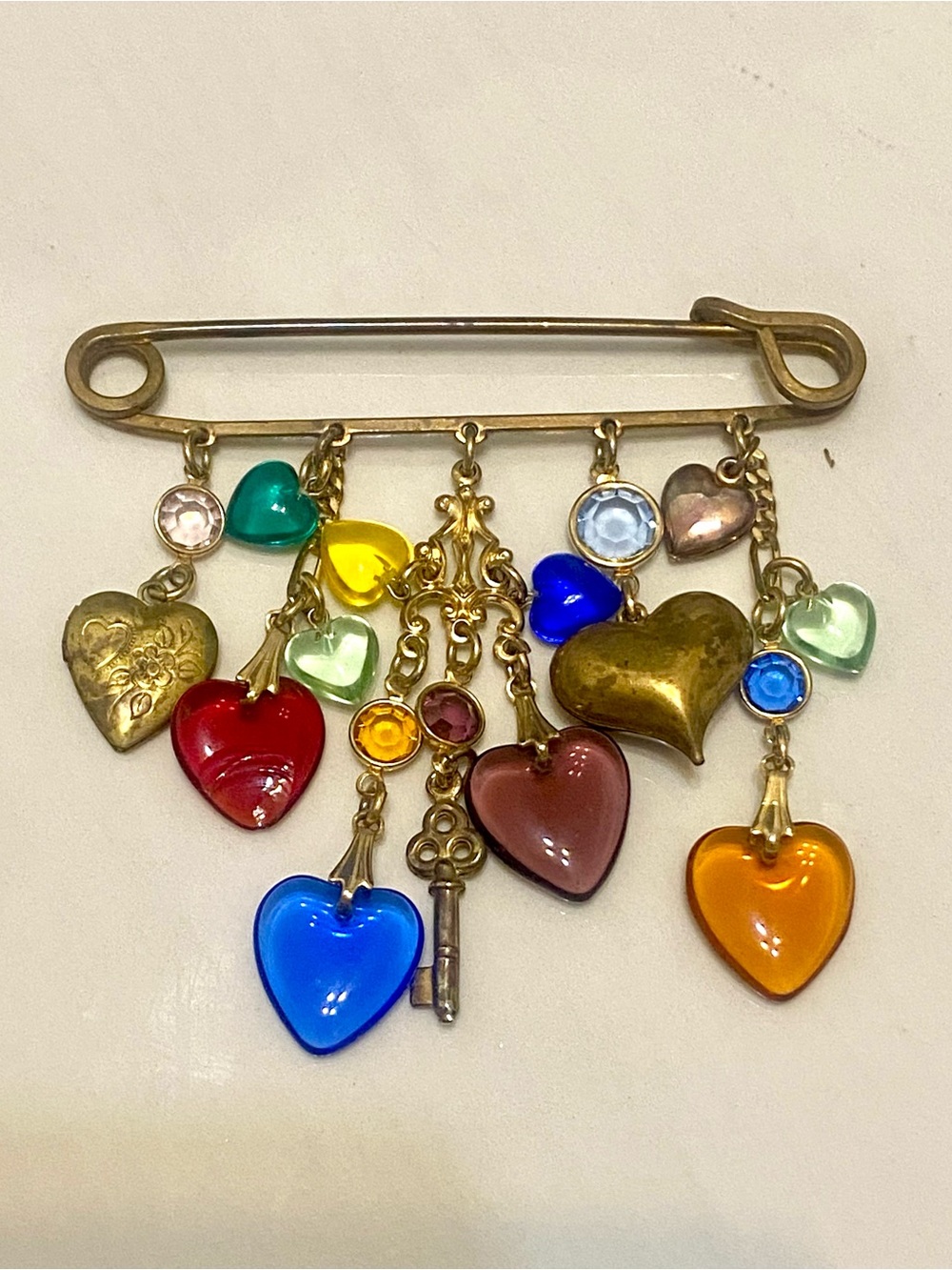 Vintage Glass Heart Multi Color Safety Pin Charm Brooch